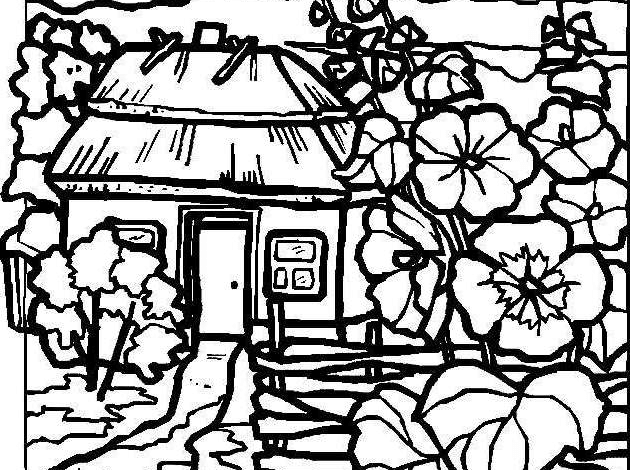 Tree Beautiful Fence House Coloring Page