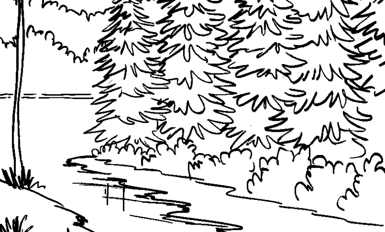 Tree Beautiful Landscape River Coloring Page
