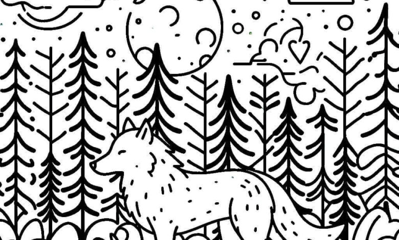 Wolf Forest Clouds Coloring Page