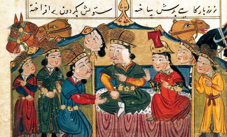 Cengiz Han esi Borte ile birlikte otururken. Cengiz Han tarihini anlatan 15. yuzyilda yapilmis bir Iran minyaturu.